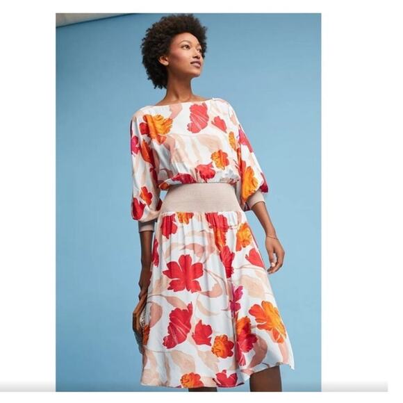 Maeve Gemma Floral Dress Size S Smocked Drop Waist Midi 3/4 Sleeve Anthropologie - Picture 8 of 8
